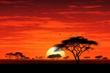 Silhouetted Acacia Sunset Isolated on Transparent Background