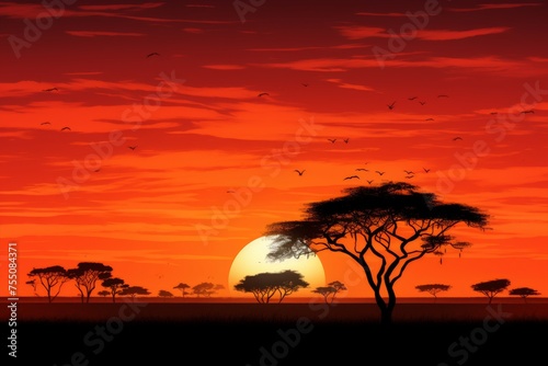 Silhouetted Acacia Sunset Isolated on Transparent Background © Artimas 