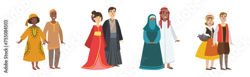 Man and Woman Couples in Folk Costume Vector Set