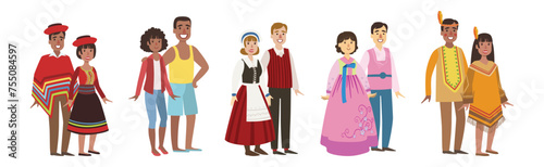 Man and Woman Couples in Folk Costume Vector Set