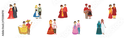 Man and Woman Couples in Folk Costume Vector Set