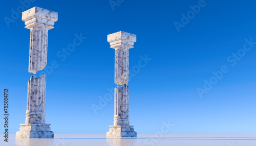 Roman columns on blue sky - 3d render. Ancient marble pillars in a row. Colonnade with daric columns. Public building. Ancient greek temple. 3d rendering. Pedestal for cosmetic product and packaging  photo