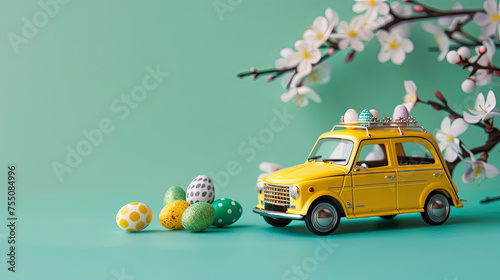 Model of a yellow toy car with Easter eggs and bunny on a blue background. Easter taxi