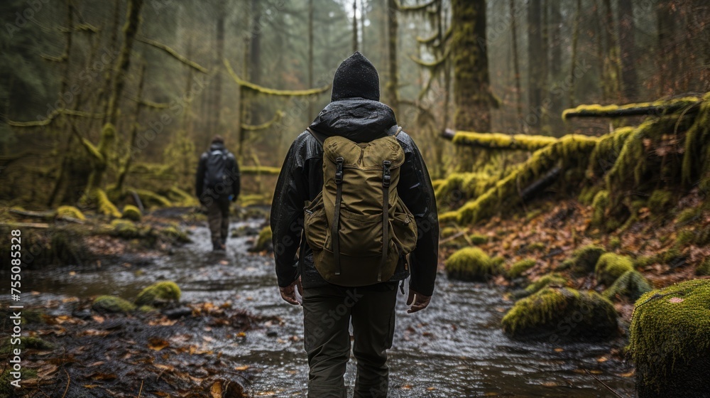 A man wearing a backpack walks through a dense forest