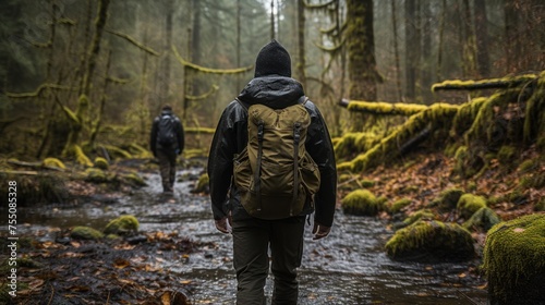 A man wearing a backpack walks through a dense forest