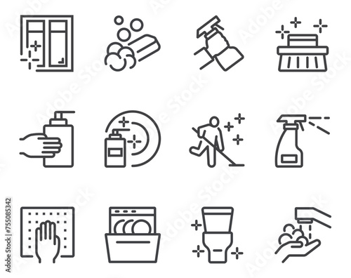 Cleaning housekeeping washing line icon isolated set. Vector flat graphic design