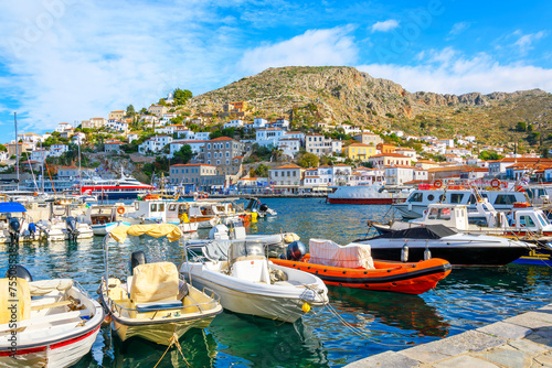 The harbor and port at the Greek island waterfront village of Hydra, one of the Saronic islands of Greece. 