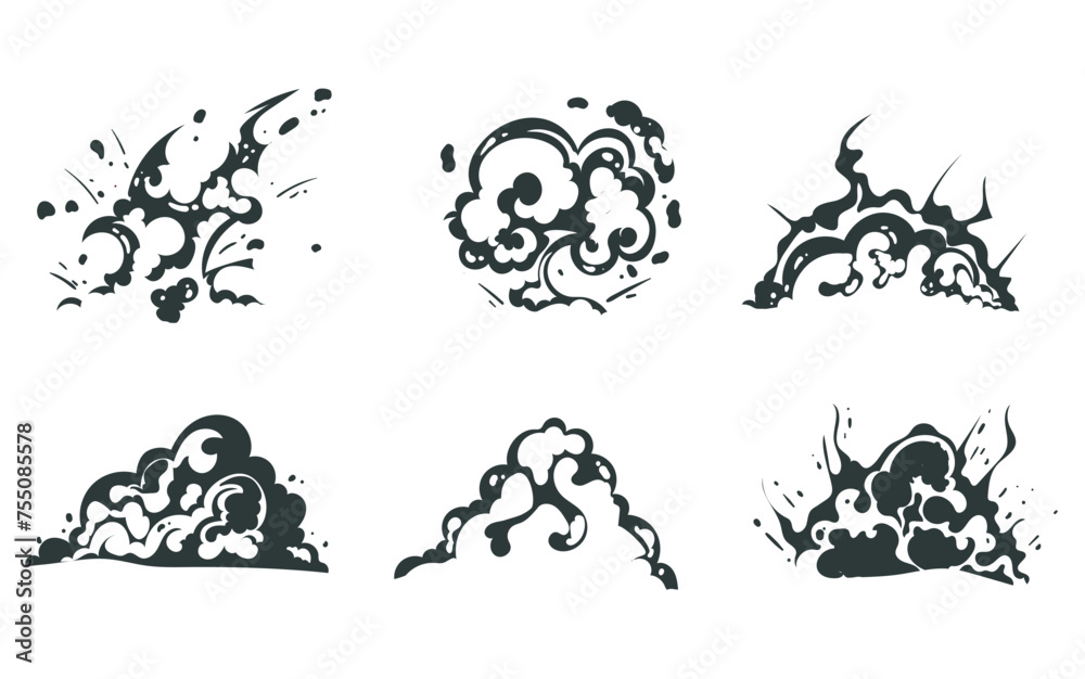 Smoke effect black silhouette isolated set. Vector graphic design illustration