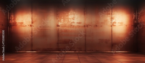 An interior room featuring a tile floor and a metal wall with a smooth and abstract design. The contrast between the cool tile and the rusted metal adds a unique texture to the space.