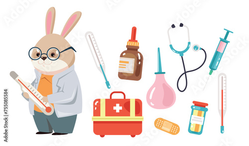 Animal cute character doctor with tools hospital concept. Vector graphic design illustration © PrettyVectors