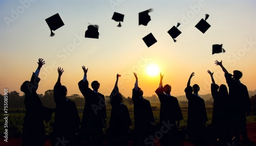 Silhouettes of students at sunset throwing their graduation caps in the air, symbolizing freedom and achievement after hard work