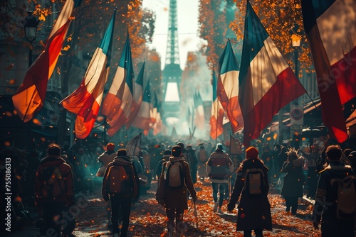 An uplifting scene of a patriotic parade with crowds carrying vibrant flags down a city avenue bathed in golden light