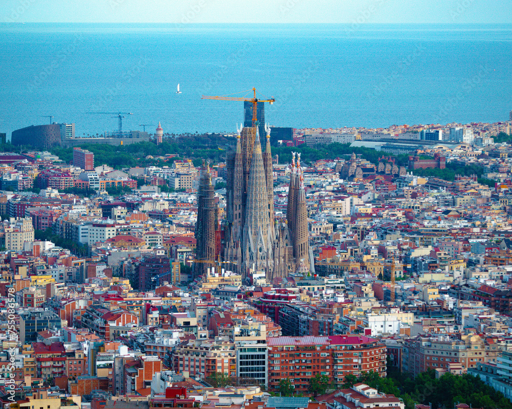 Aerial view of Sagrada familia church in Barcelona