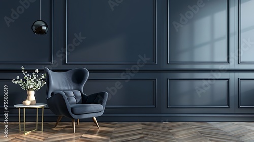 Stylish Modern wooden living room has an armchair on empty dark blue wall background