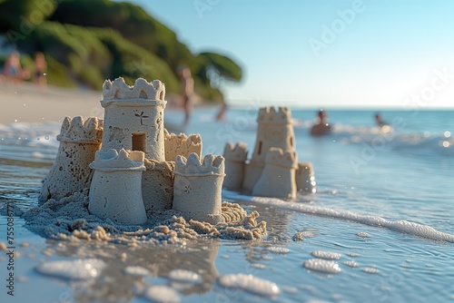 A close-up shot of intricate sandcastles on a sunny beach as gentle waves approach the shore