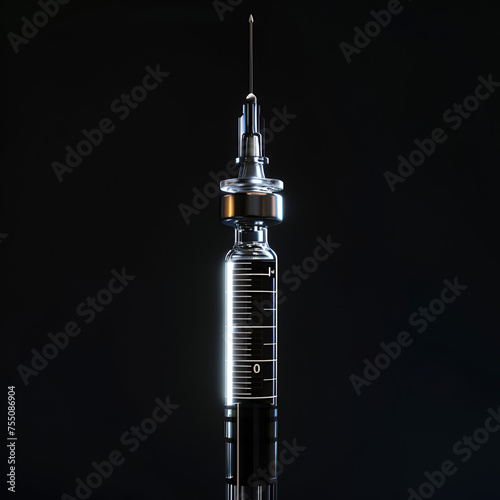 Close up macro of glass syringe and needle isolated on black background. flu vaccine, doping in sport or botox hualuronic collagen