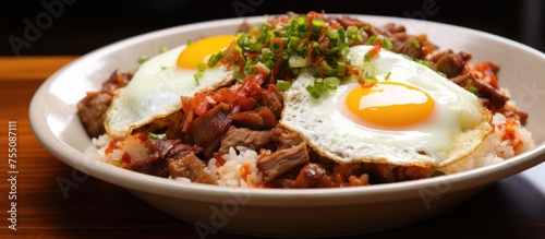 A dish of fried eggs, meat, and rice served on a rustic wooden table. The meal features eggs as the main ingredient and showcases a delicious breakfast cuisine