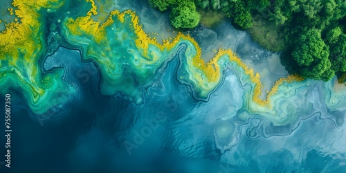 Spectacular aerial shot captures vibrant fluid algae bloom in aqueous canvas. Concept Aerial Photography, Algae Bloom, Vibrant Colors, Aqueous Environment, Nature Photography