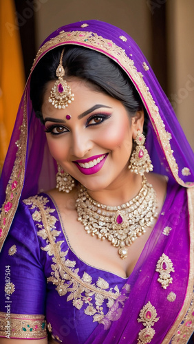 Purple Majesty: Plus Size Indian Bride Elegantly Adorns a Lavish Purple Lehenga with Exquisite Bridal Accessories, generative ai