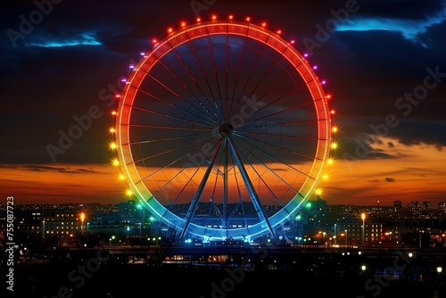 A striking Ferris wheel lit with colorful lights stands out against the dusky sky, reflecting an urban evening landscape