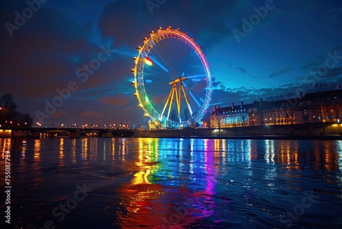 Majestic ferris wheel illuminated with vibrant colors reflecting off the water at night