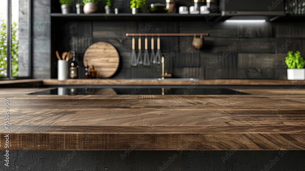 A loft-style natural wood countertop with a place to copy product advertisements on a blurred kitchen background at homeA loft-style natural wood countertop with a place to copy product  14
