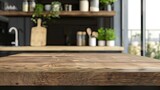 A loft-style natural wood countertop with a place to copy product advertisements on a blurred kitchen background at homeA loft-style natural wood countertop with a place to copy product  11