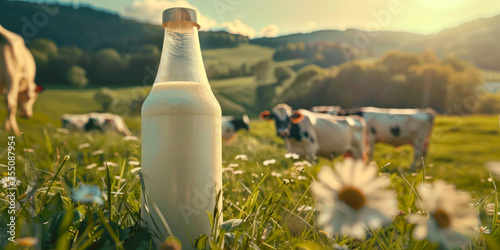 Glass bottle of milk captures the essence of farm-fresh produce with cows and rolling hills in soft-focus in the background