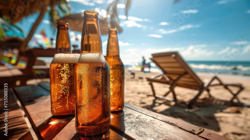 Cold refreshing beer on the tropical beach photo