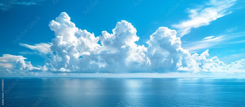 A blue ocean with fluffy white clouds in the sky on a sunny day.