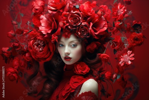 Radiant Red queen with floral crown. Fantasy regal princess with ruby blossom hairstyle. Generate ai
