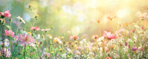 Beautiful Floral Meadow. A vibrant and enchanting meadow filled with colorful flowers under a sunlit, bokeh-dotted backdrop.