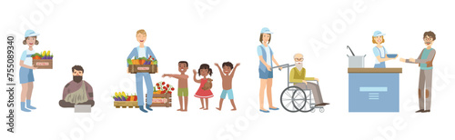 People Volunteer Character Give Help and Support Vector Set