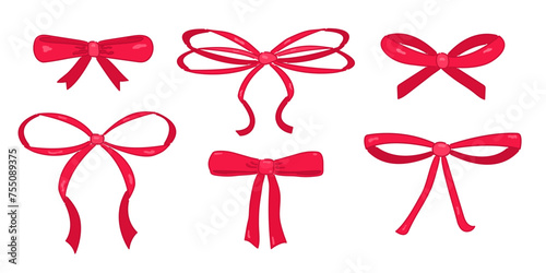 Set of gift bows made of thin red ribbon. Elegant decorative elements for a presentation, party, holiday, event, birthday