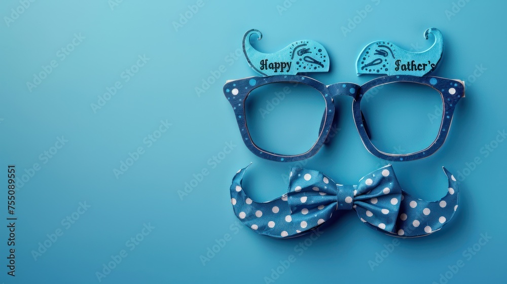 Father's Day Warmth: Greeting Card with Copy Space, Glasses, and Mustache on Blue