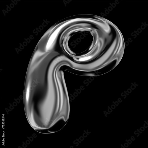 3D chrome letter P from English alphabet, Y2K retro balloon bubble typography font, liquid metal with glossy shiny surface, fluid vector isolated form 