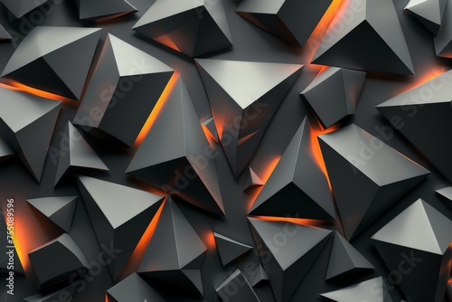A collection of numerous black and orange geometric shapes overlapping and clustering together in a confined space. photo