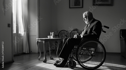 Black and white image of an elderly man sits in wheelchair in classic living room