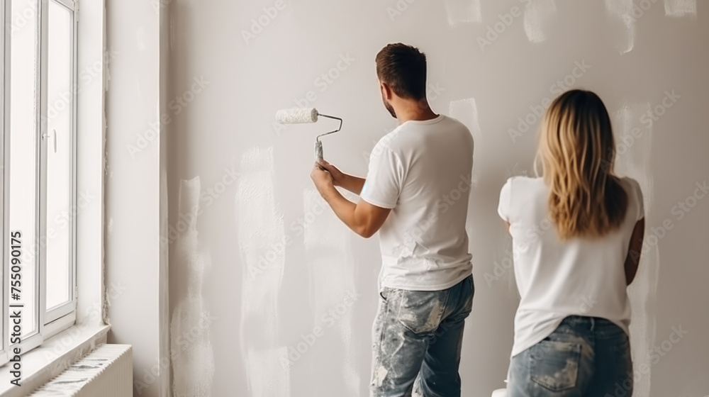 Young married couple painting the walls, happily renovating a newly purchased house