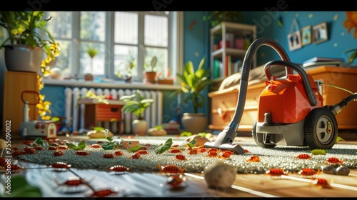 A bustling 3D animated household scene showing the thorough vacuuming process to remove pests, with bed bugs in cartoonish panic photo