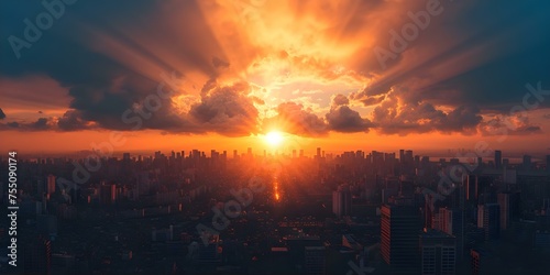 A city s shimmering skyline at sunset threatened by a looming nuclear catastrophe. Concept Urban Decay  Apocalyptic Threat  Dramatic Skyline  Nuclear Crisis  Dark Future