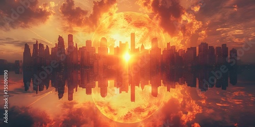City skyline reflecting the sunset devastated by a nuclear explosion: A dramatic scene. Concept City Destruction, Nuclear Explosion, Sunset Reflection, Dramatic Scene