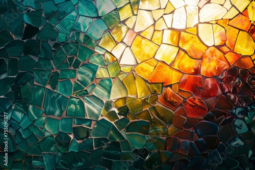 Detailed view of a vibrant glass mosaic showing intricate patterns and a variety of colors.