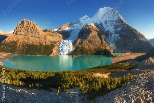 Canada, British Columbia. Mount Robson, highest mountain in the Canadian Rockies, elevation 3,954 m (12,972 ft), seen from Mumm Basin, Mount Robson Provincial Park. Summer time. photo