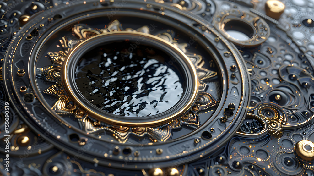 a rotating clock and gears with a black background, in the style of hyper-realistic water, mirror rooms, rendered in unreal engine, kodak gold, alien worlds, photorealistic detail