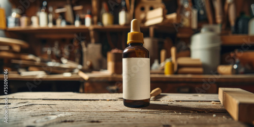 A brown glass essential oil bottle with a dropper on a well-used workbench photo