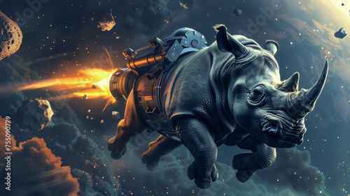 Rhinoceros Astronaut Breaking Asteroids with Horn in Space Illustration