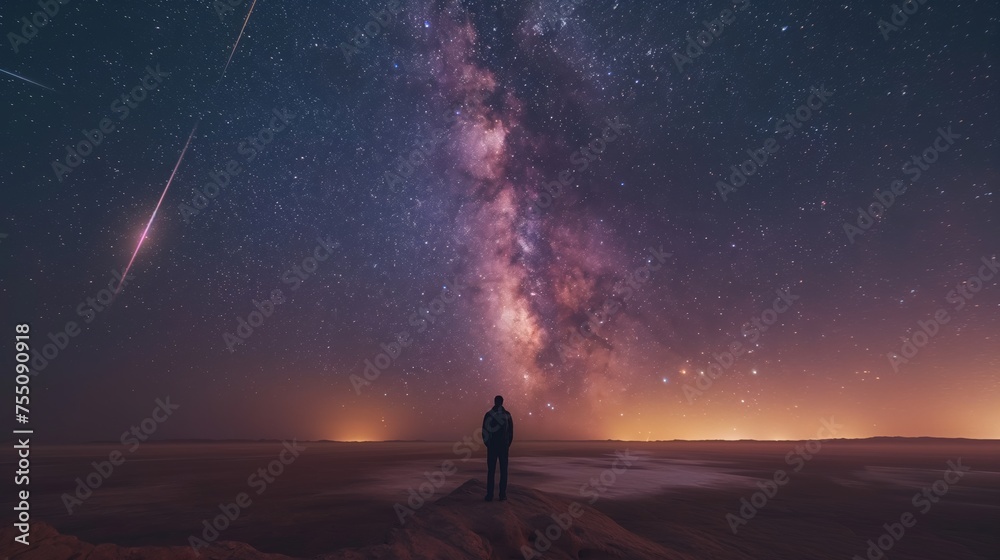 Spectacular night sky over a serene desert, inspiring wonder with shooting stars and galaxies.