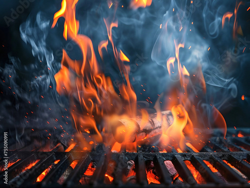 Hot orange flames and smoke rise from a charcoal grill