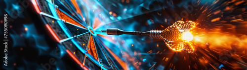 Dramatic of a rocket launch, fiery engines propelling it into hitting the dartboard with neon lights and cyberpunk elements.